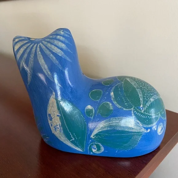 Vintage Blue Cat Figurine Hand Painted Glazed Mexican Folk Art Clay Pottery - Picture 5 of 9